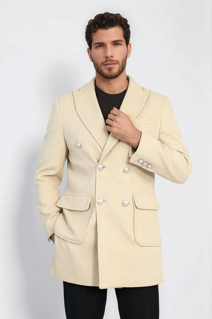 Metal Buttons Wool Cashmere Beige Men Double Breasted Coat - Wessi