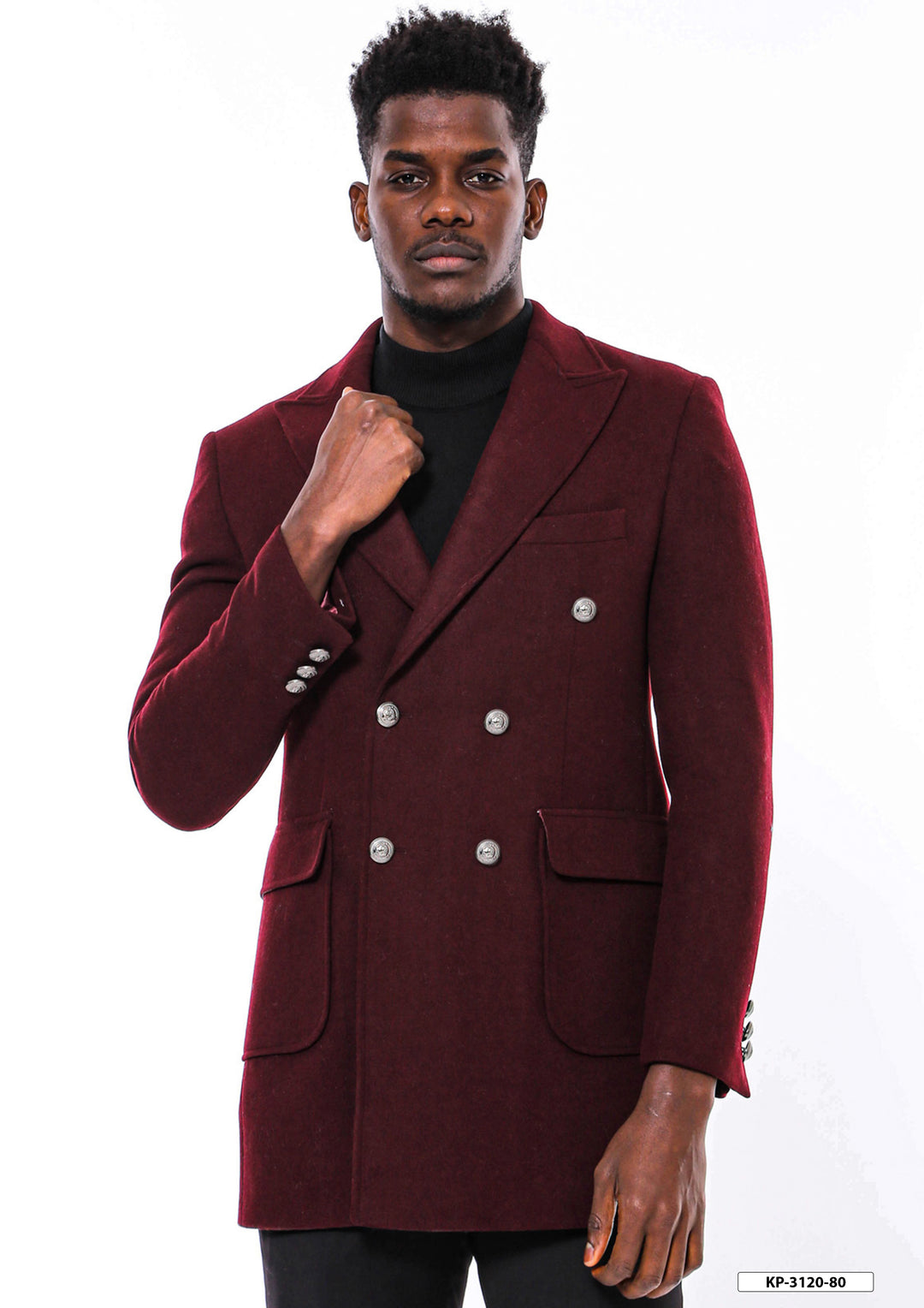 Metal Buttoned Double Breasted Burgundy Men Long Coat - Wessi