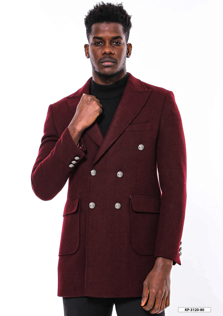 Metal Buttoned Double Breasted Burgundy Men Long Coat - Wessi