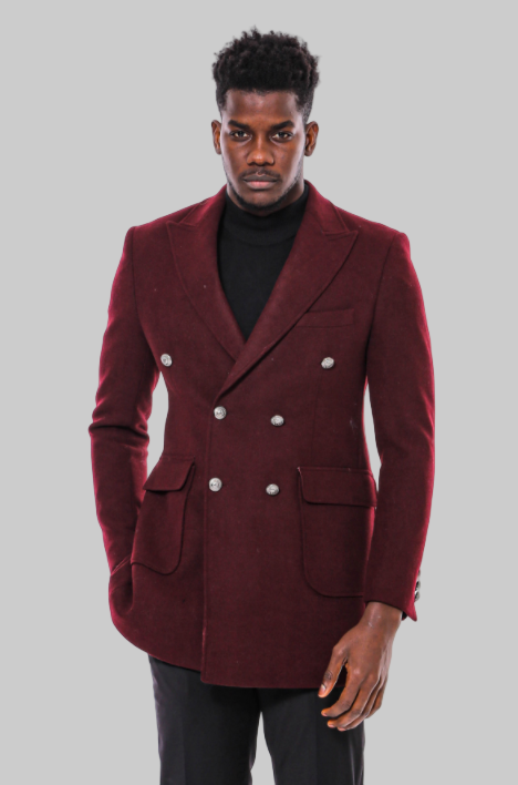 Metal Buttoned Double Breasted Burgundy Men Long Coat - Wessi