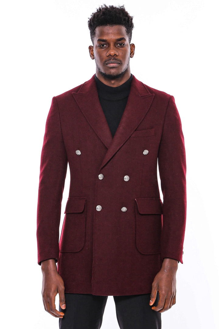 Metal Buttoned Double Breasted Burgundy Men Long Coat - Wessi