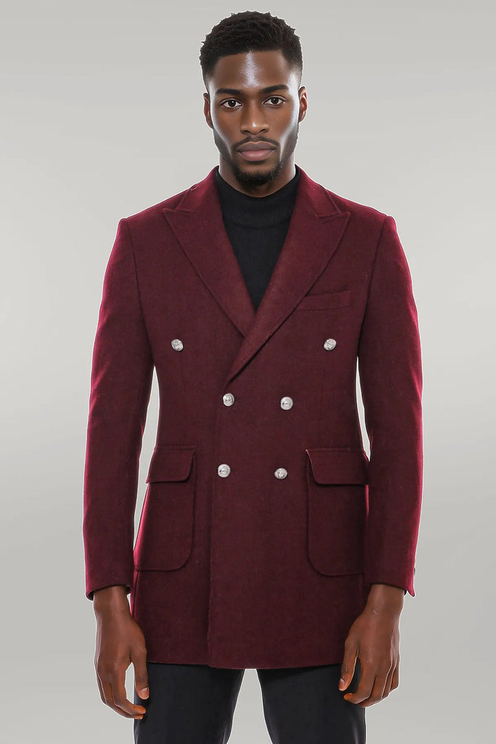 Metal Buttoned Double Breasted Burgundy Men Long Coat - Wessi