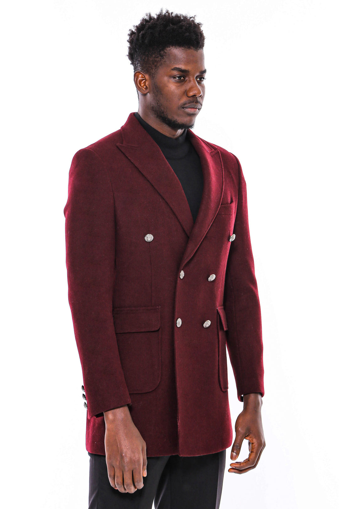Metal Buttoned Double Breasted Burgundy Men Long Coat - Wessi