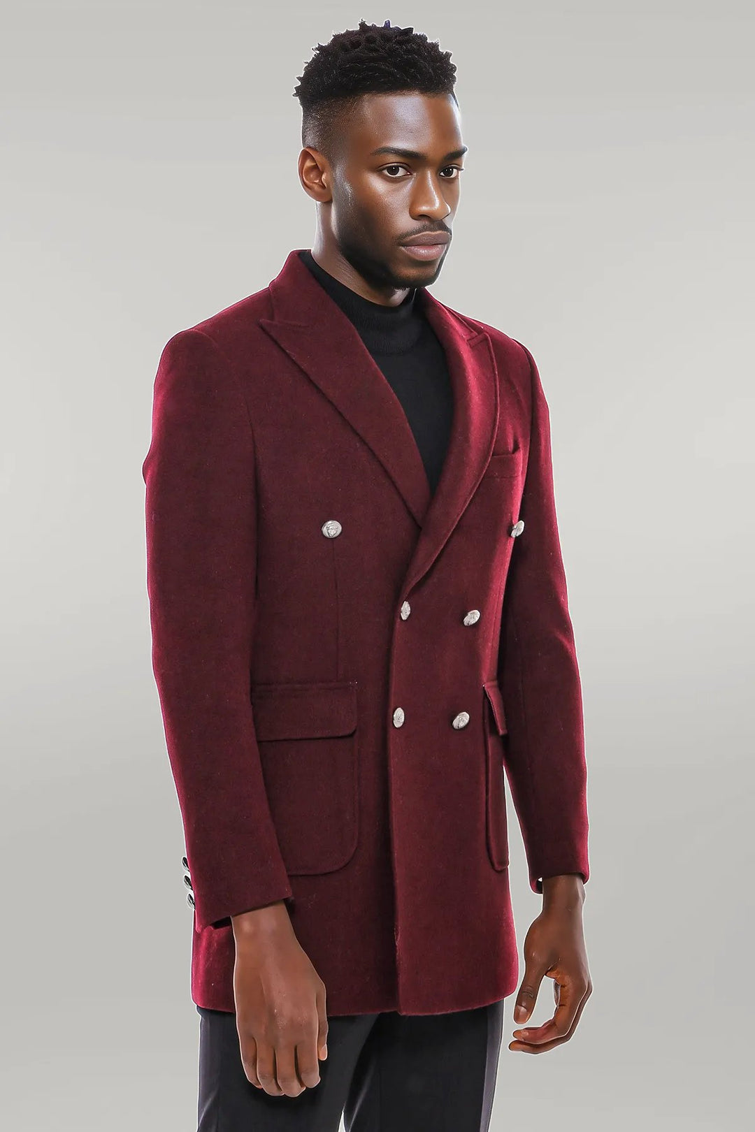 Metal Buttoned Double Breasted Burgundy Men Long Coat - Wessi