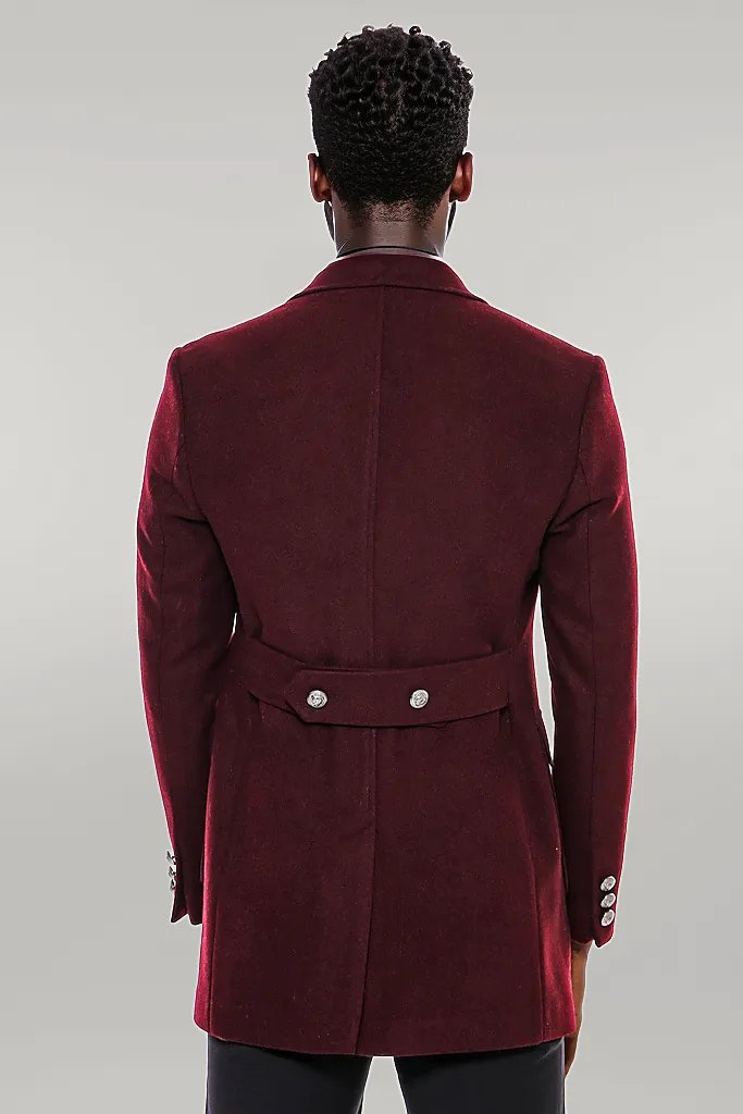 Metal Buttoned Double Breasted Burgundy Men Long Coat - Wessi