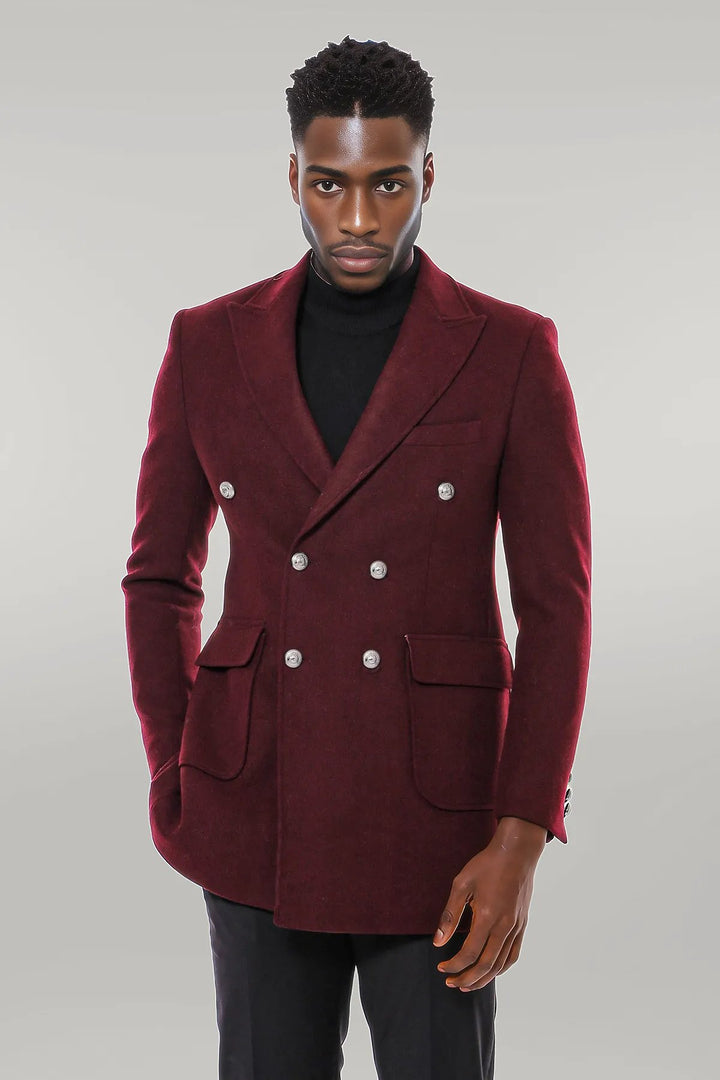 Metal Buttoned Double Breasted Burgundy Men Long Coat - Wessi