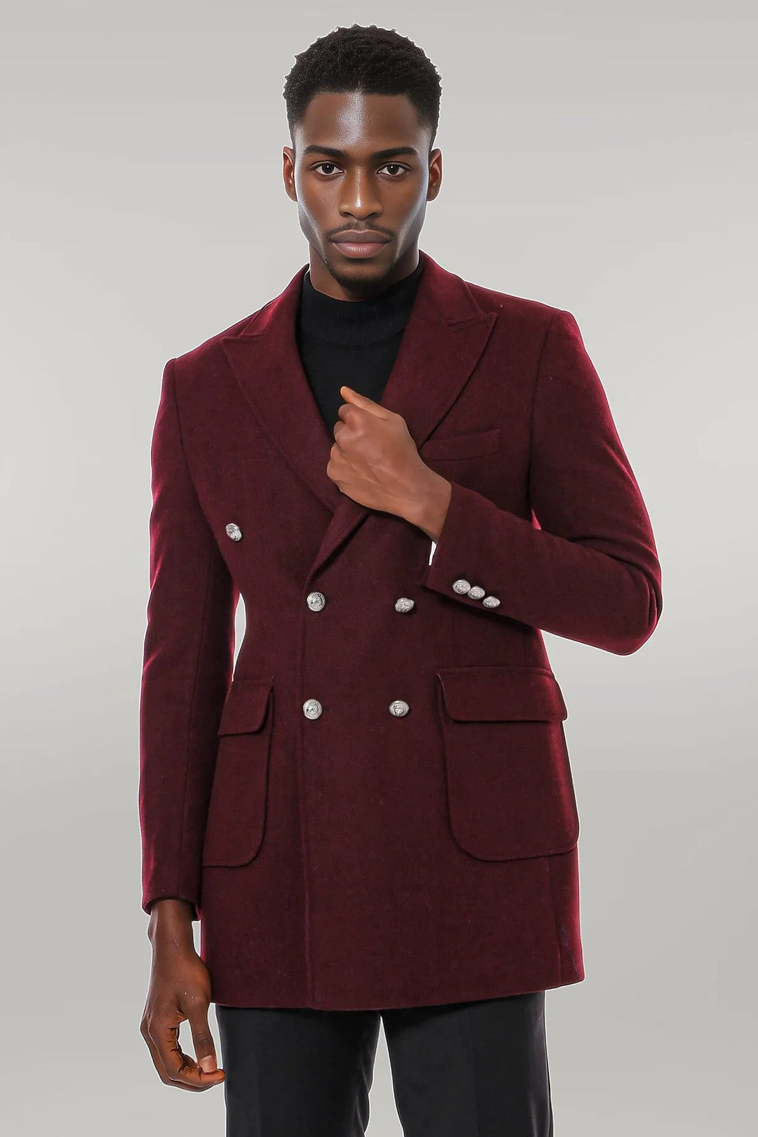 Metal Buttoned Double Breasted Burgundy Men Long Coat - Wessi