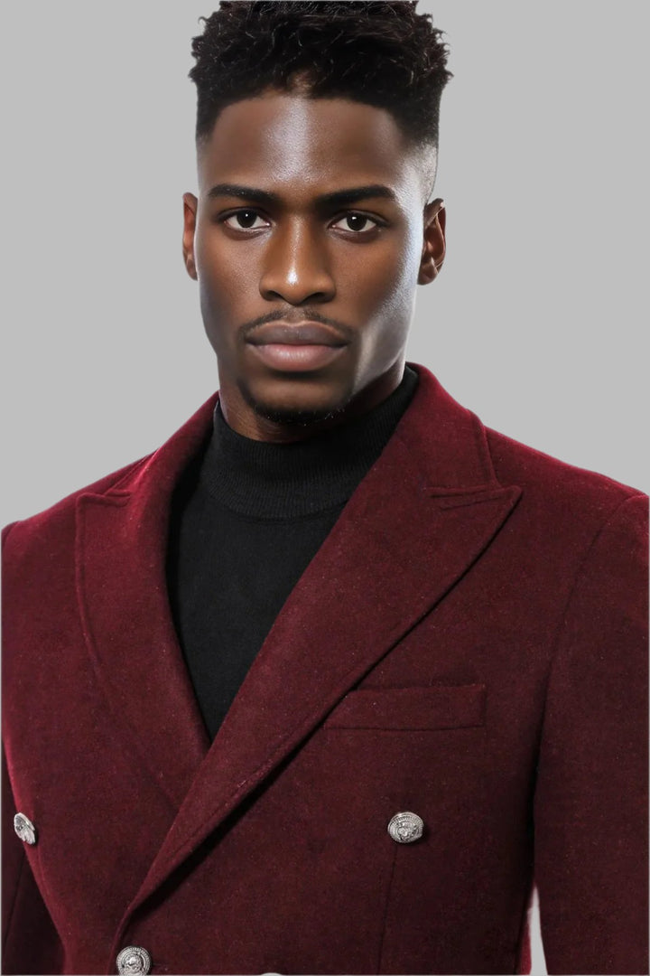 Metal Buttoned Double Breasted Burgundy Men Long Coat - Wessi