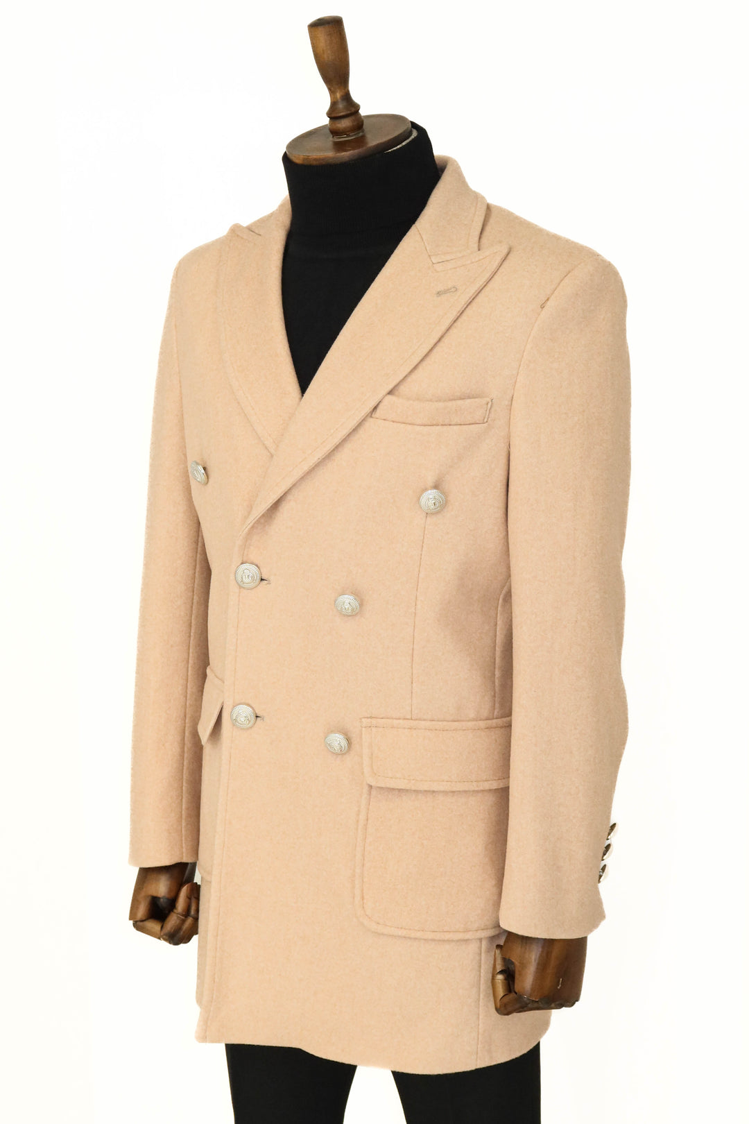 Metal Buttons Wool Cashmere Cream Men Double Breasted Coat - Wessi