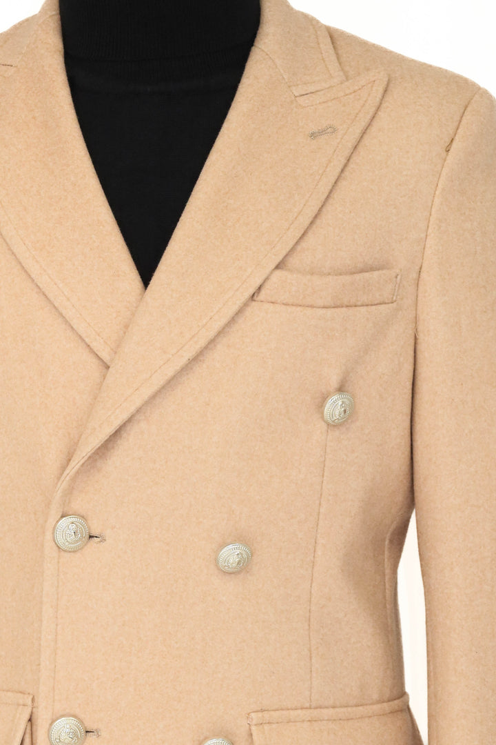 Metal Buttons Wool Cashmere Cream Men Double Breasted Coat - Wessi