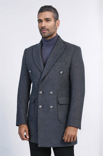 Dark Grey Metal Buttoned Double Breasted Long Coat - Wessi