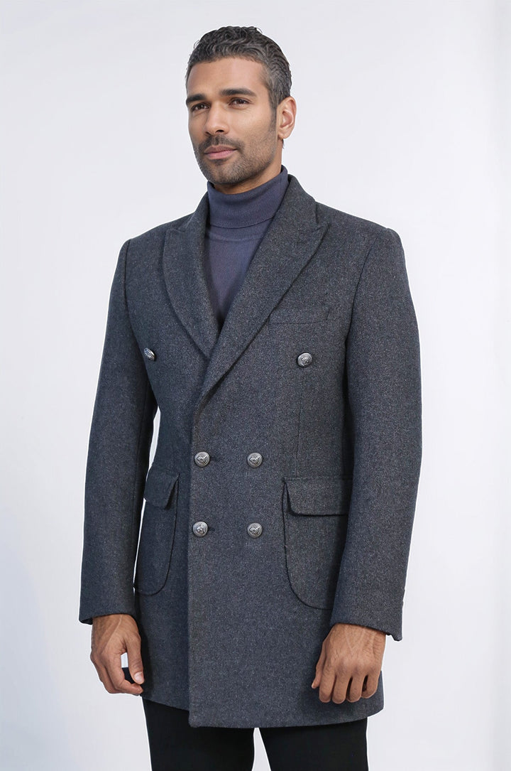Dark Grey Metal Buttoned Double Breasted Long Coat - Wessi