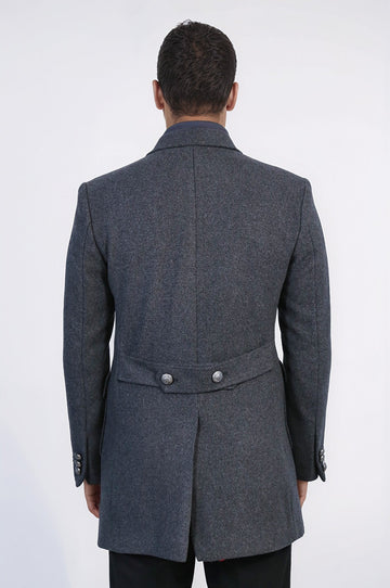 Dark Grey Metal Buttoned Double Breasted Long Coat - Wessi