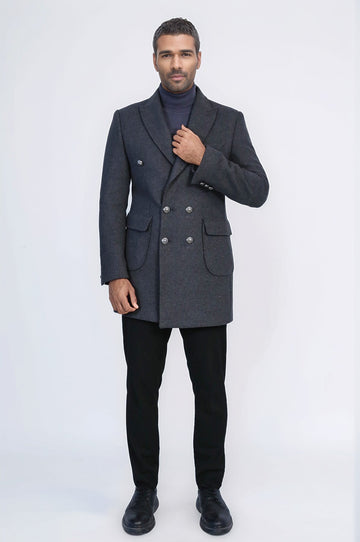 Dark Grey Metal Buttoned Double Breasted Long Coat - Wessi