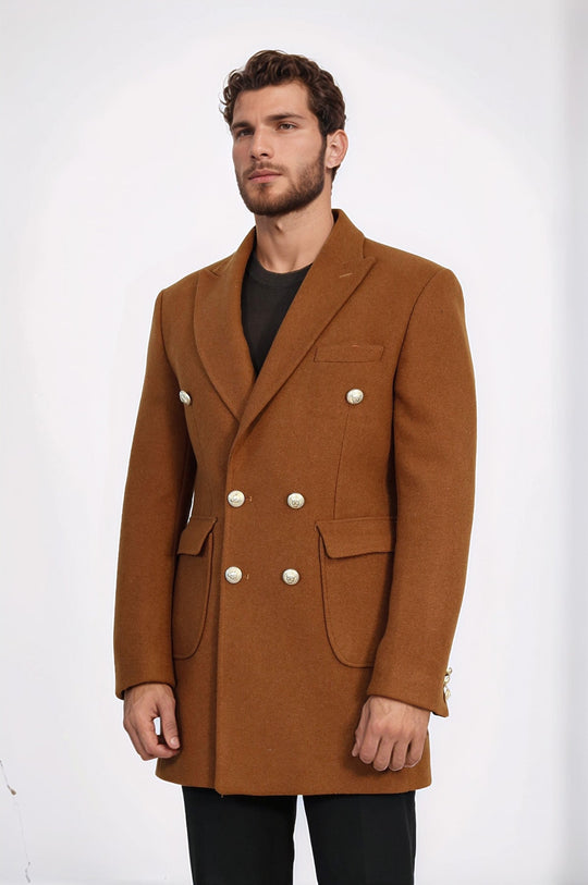 Metal Buttoned Double Breasted Tan Men Coat - Wessi