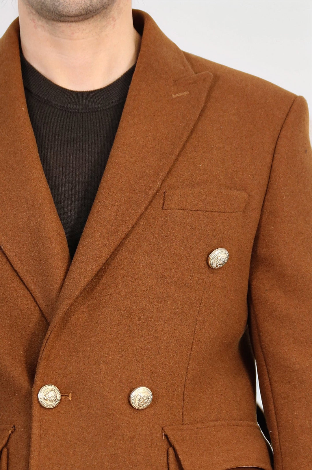 Cappotto da uomo marrone chiaro doppiopetto con bottoni in metallo - Wessi