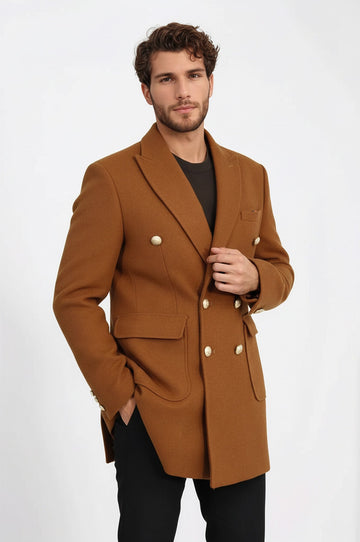 Metal Buttoned Double Breasted Tan Men Coat - Wessi