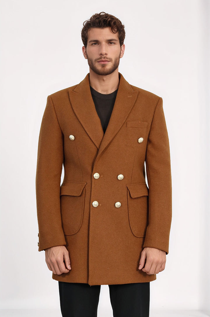 Cappotto da uomo marrone chiaro doppiopetto con bottoni in metallo - Wessi