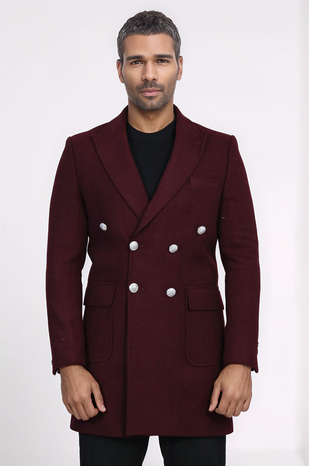 Metal Buttoned Double Breasted Burgundy Men Long Coat - Wessi