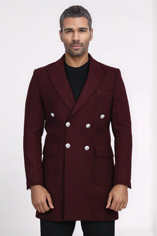 Metal Buttoned Double Breasted Burgundy Men Long Coat - Wessi