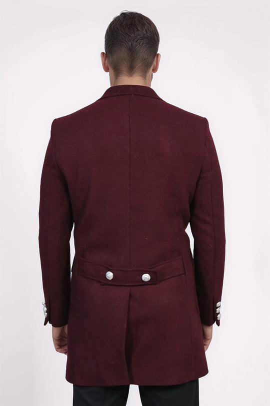 Metal Buttoned Double Breasted Burgundy Men Long Coat - Wessi