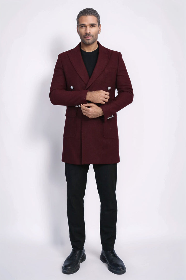 Metal Buttoned Double Breasted Burgundy Men Long Coat - Wessi