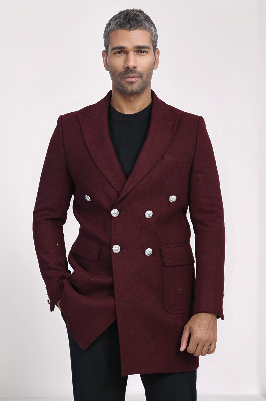 Metal Buttoned Double Breasted Burgundy Men Long Coat - Wessi