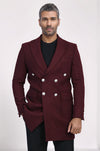 Metal Buttoned Double Breasted Burgundy Men Long Coat - Wessi