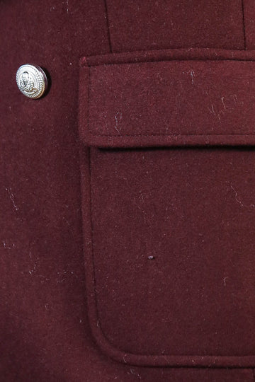 Metal Buttoned Double Breasted Burgundy Men Long Coat - Wessi