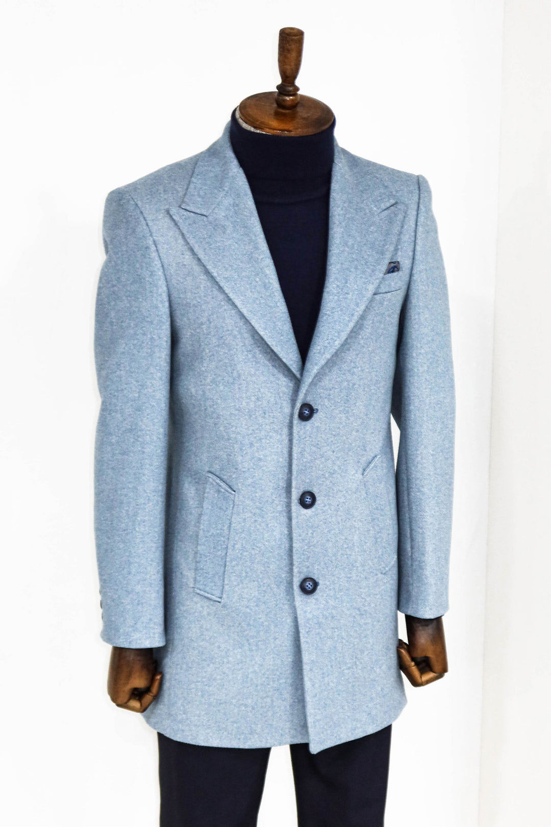 Wide Lapel Wool Light Blue Men Coat - Wessi