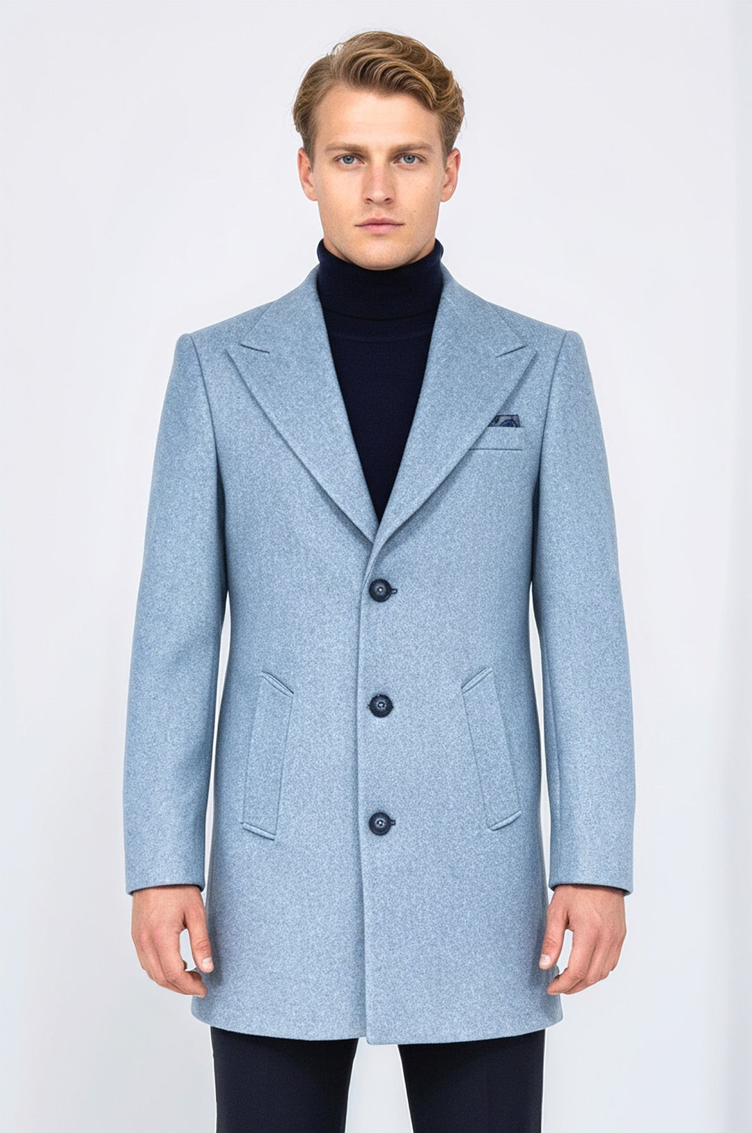Wide Lapel Wool Light Blue Men Coat - Wessi