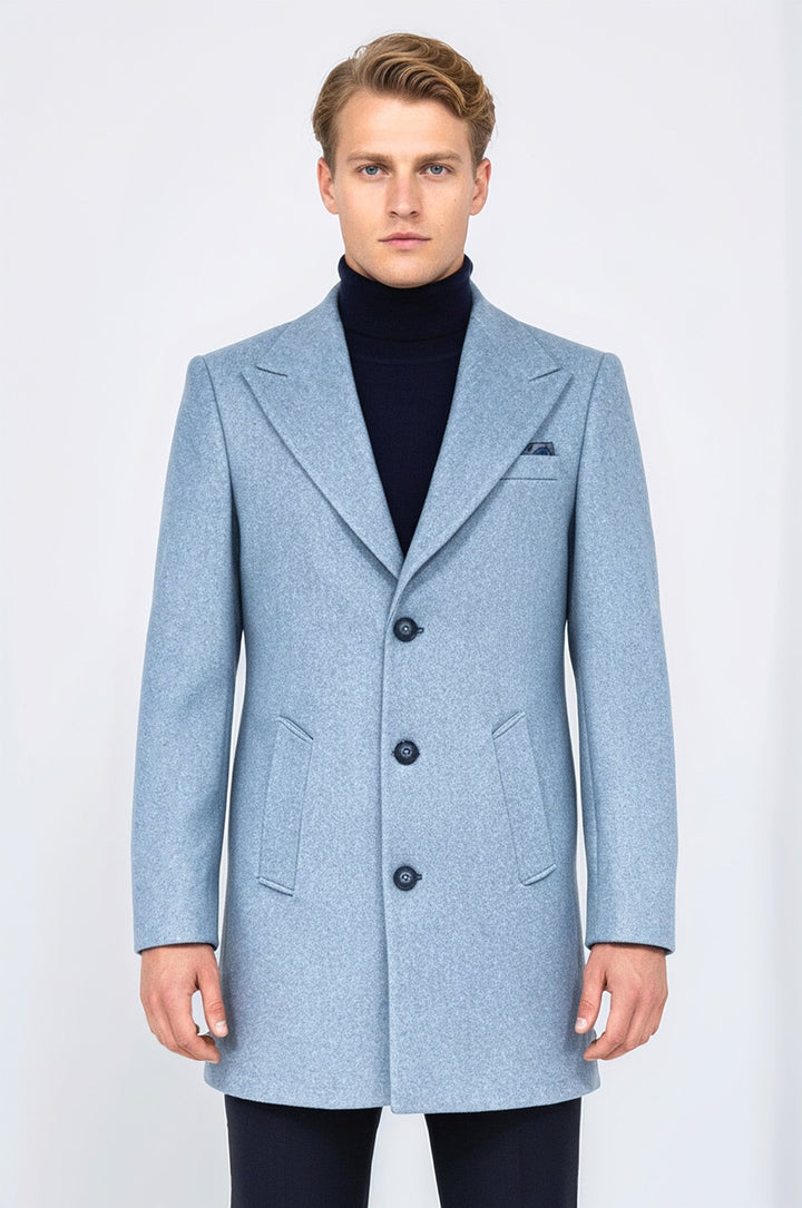 Wide Lapel Wool Light Blue Men Coat - Wessi