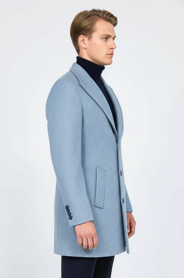 Wide Lapel Wool Light Blue Men Coat - Wessi