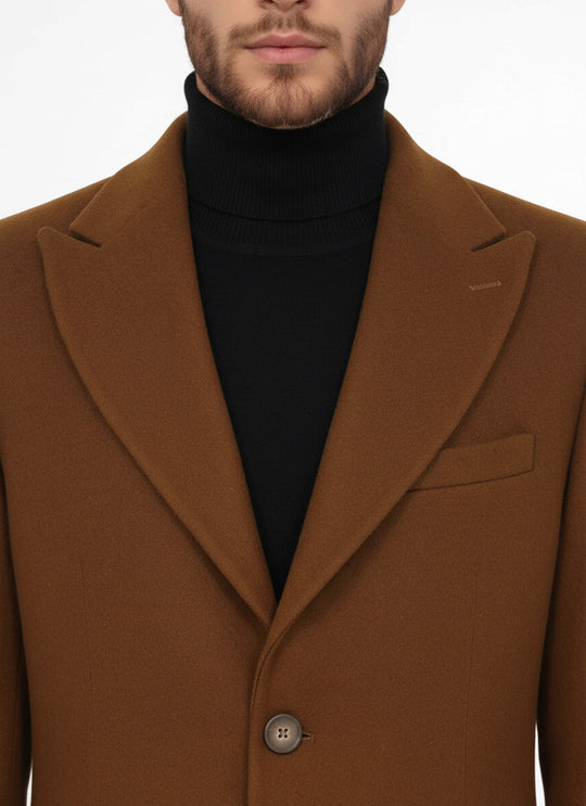 Wide Lapel Wool Brown Men Coat - Wessi