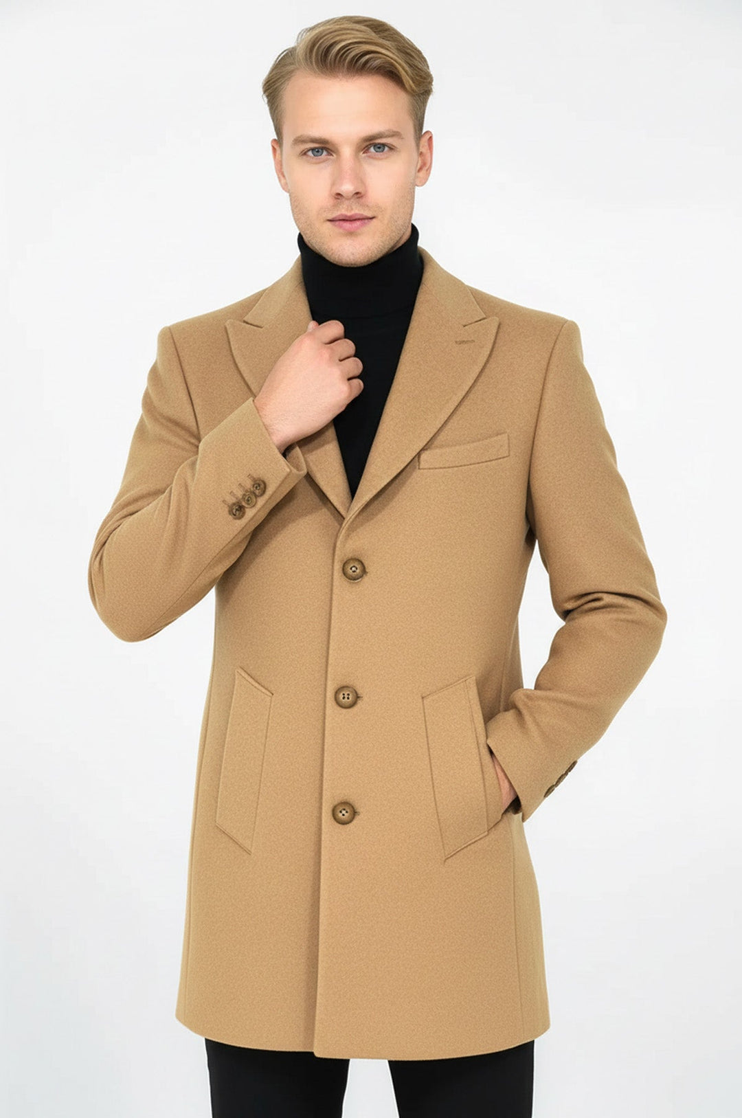 Wide Lapel Wool Cream Men Coat - Wessi