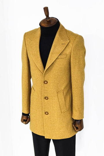 Шерстяное мужское пальто горчичного цвета с широкими лацканами - Wessi
