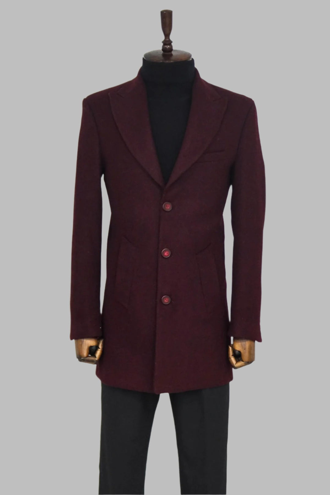 Wide Lapel Wool Burgundy Men Coat - Wessi