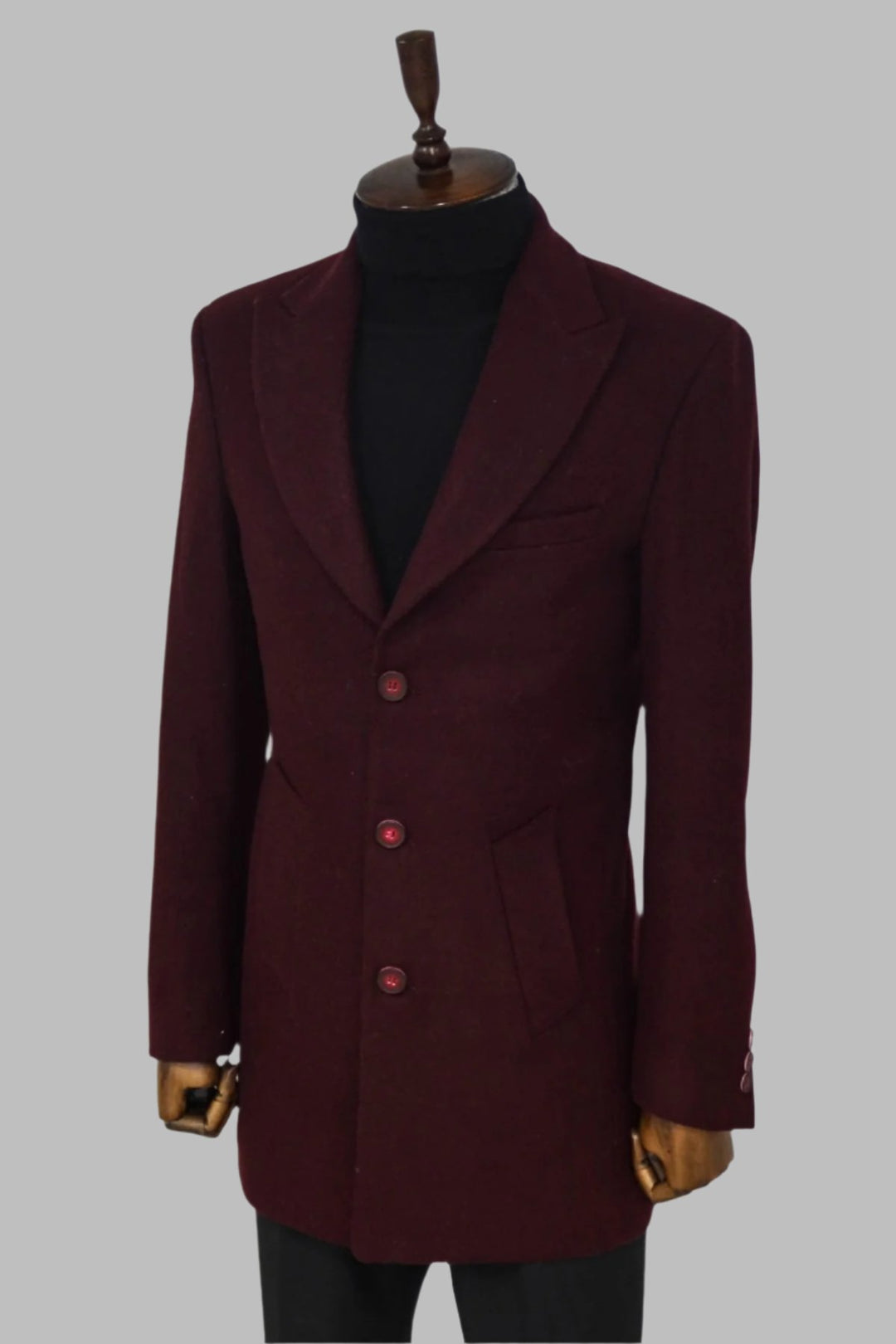 Wide Lapel Wool Burgundy Men Coat - Wessi