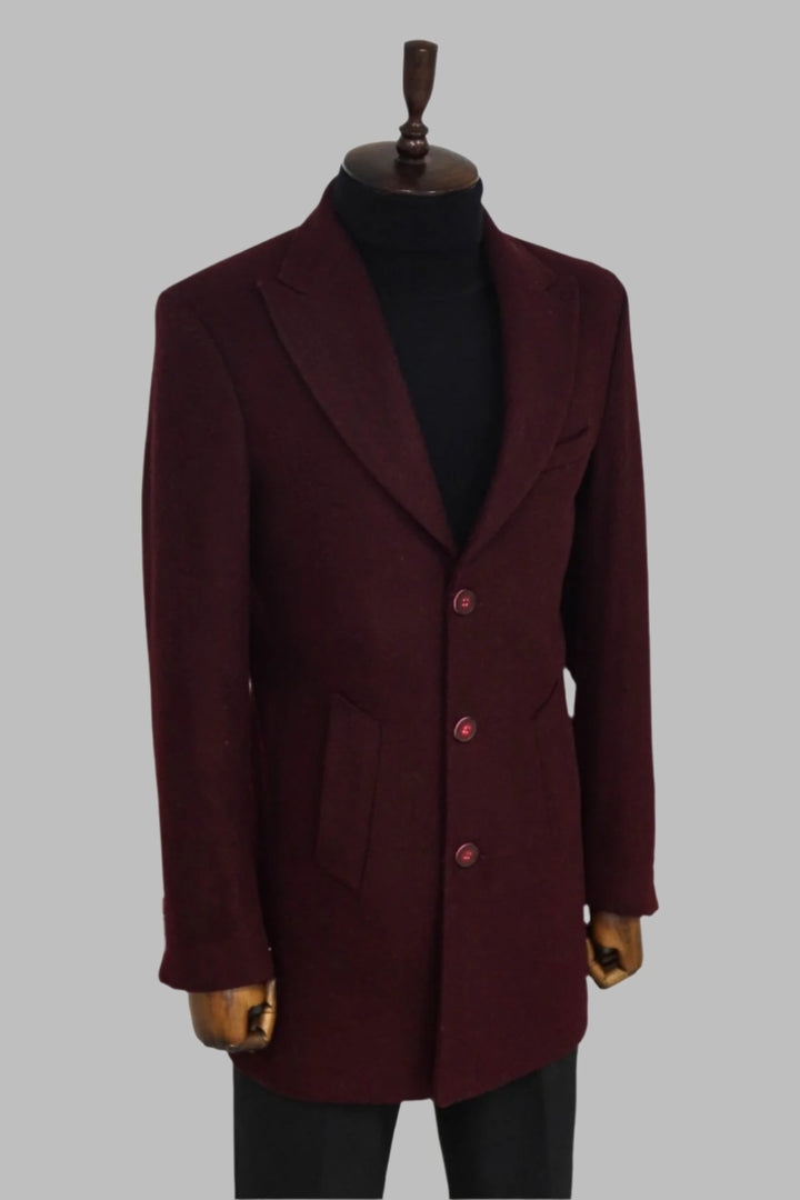 Wide Lapel Wool Burgundy Men Coat - Wessi