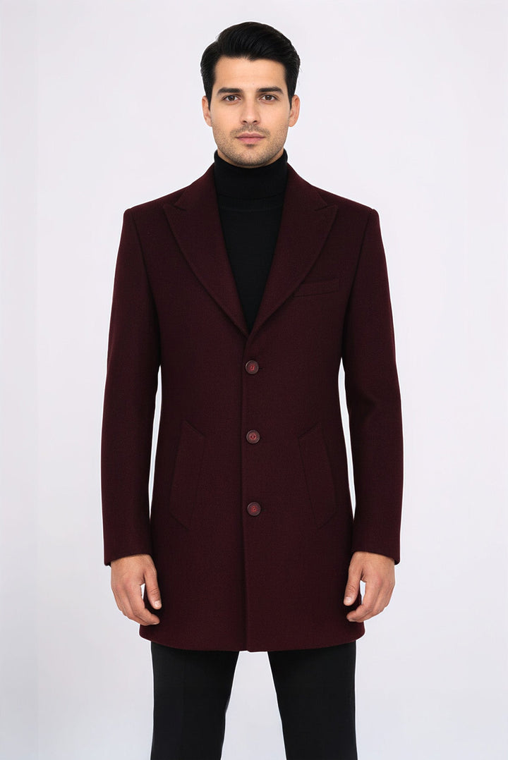 Wide Lapel Wool Burgundy Men Coat - Wessi