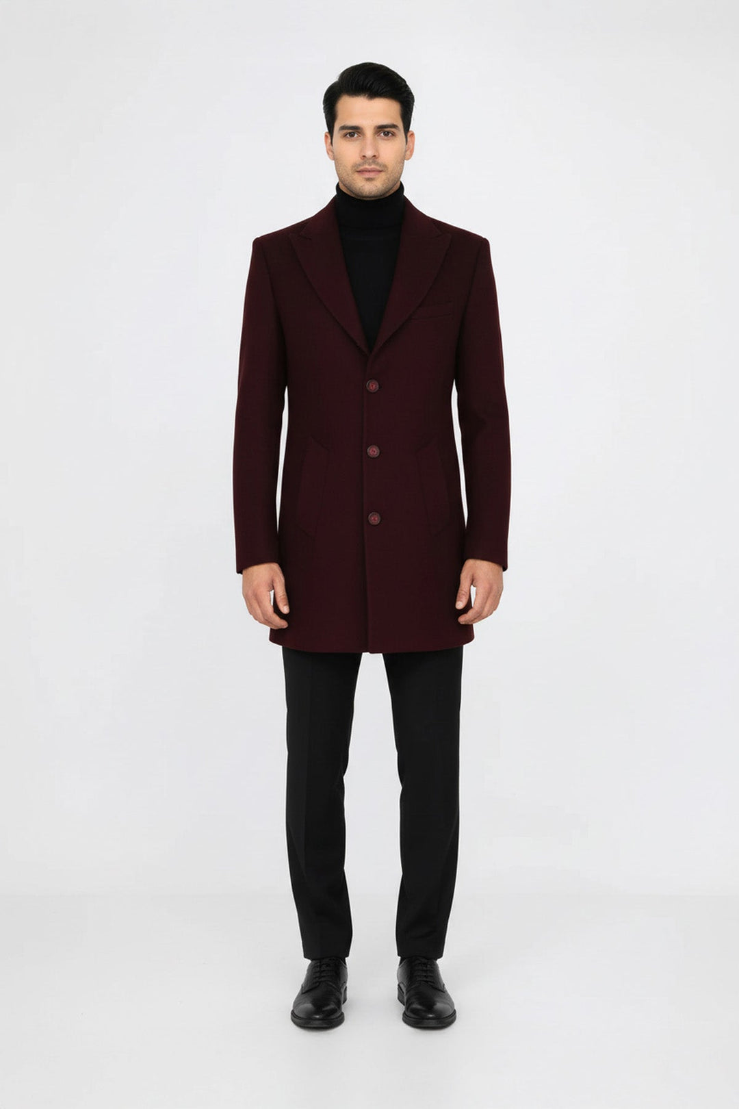 Wide Lapel Wool Burgundy Men Coat - Wessi