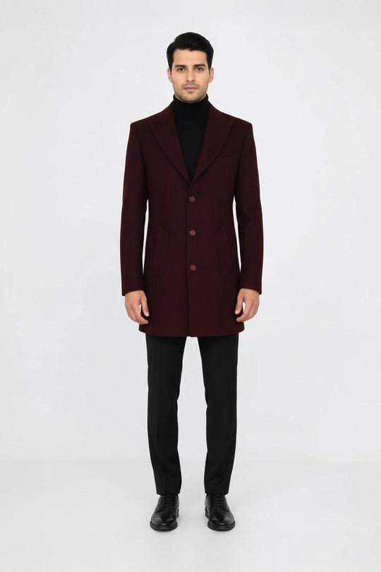 Cappotto da uomo bordeaux in lana con risvolto ampio - Wessi
