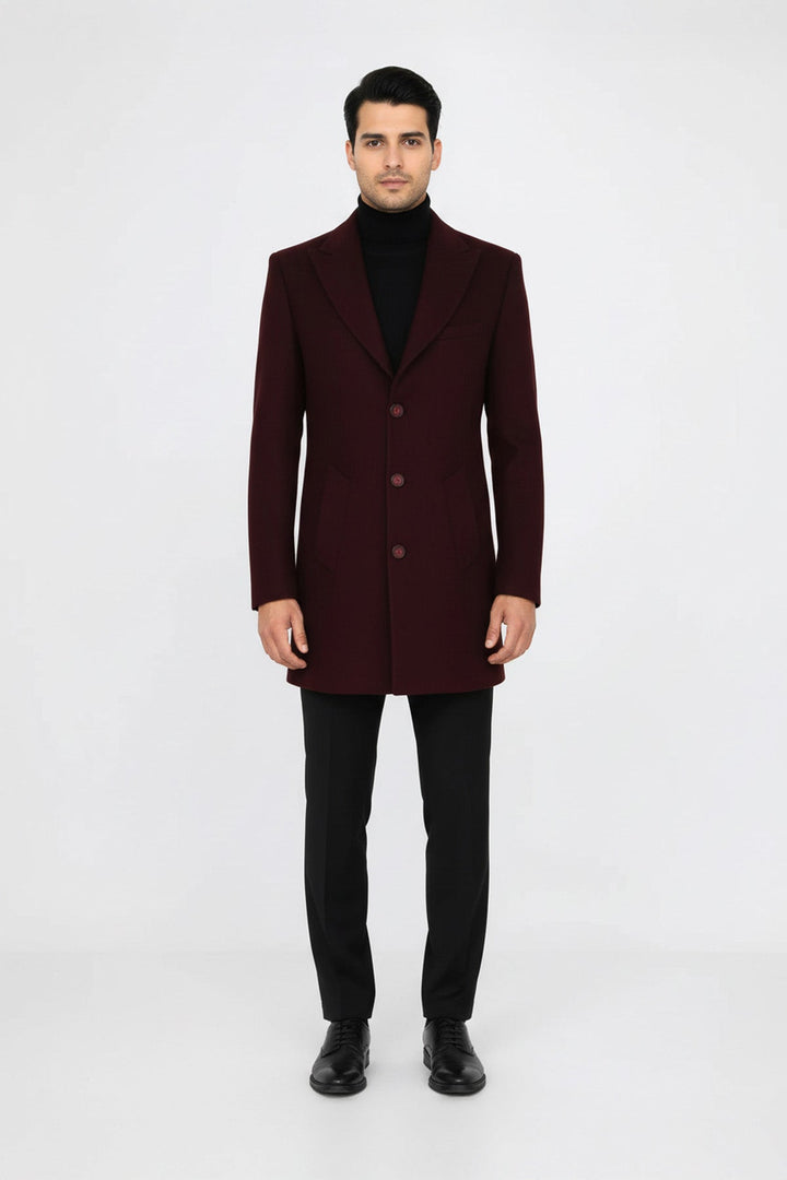Wide Lapel Wool Burgundy Men Coat - Wessi