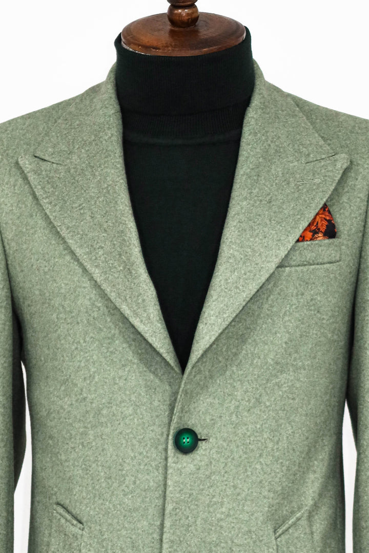 Wide Lapel Wool Oil Green Men Coat - Wessi