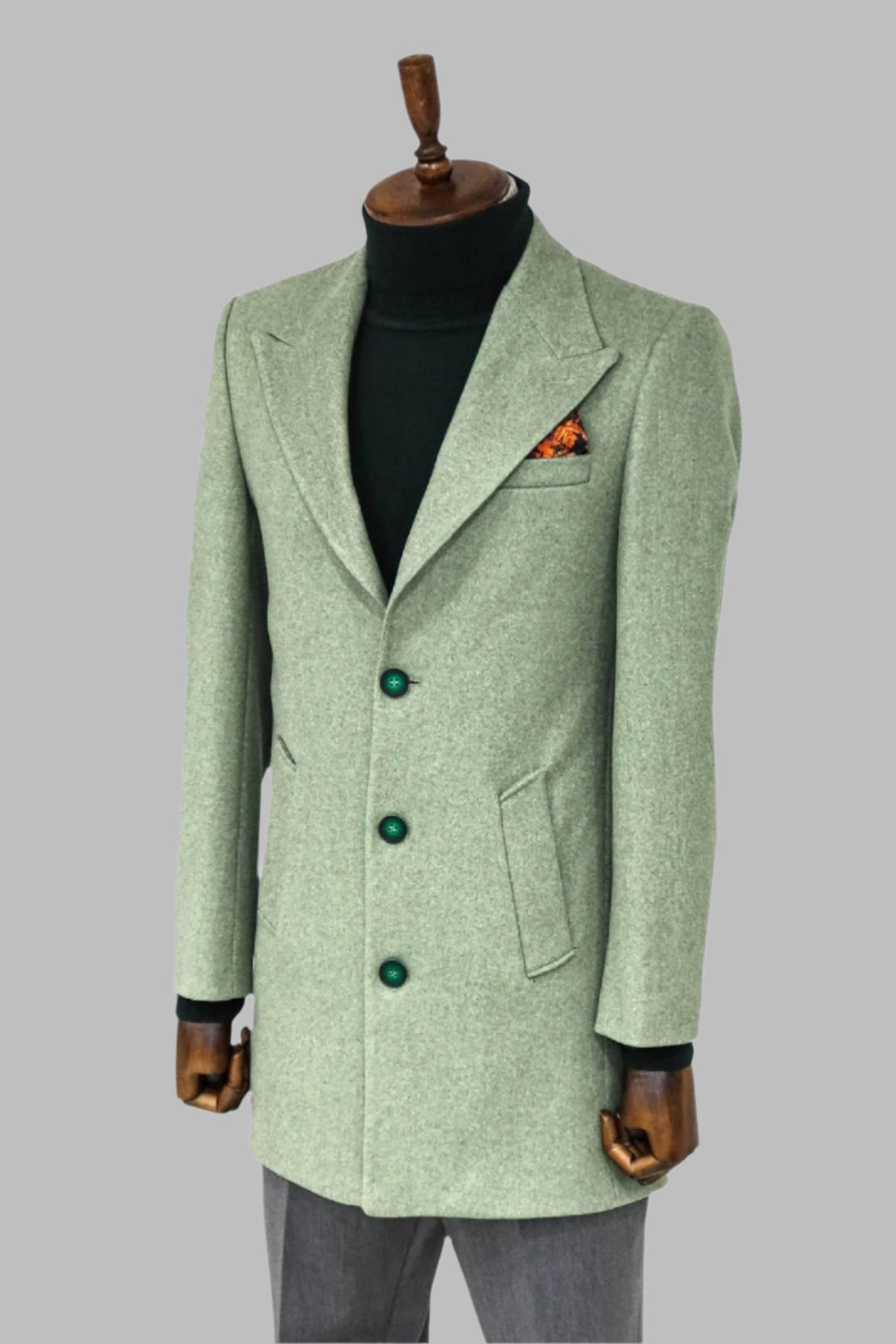 Wide Lapel Wool Oil Green Men Coat - Wessi