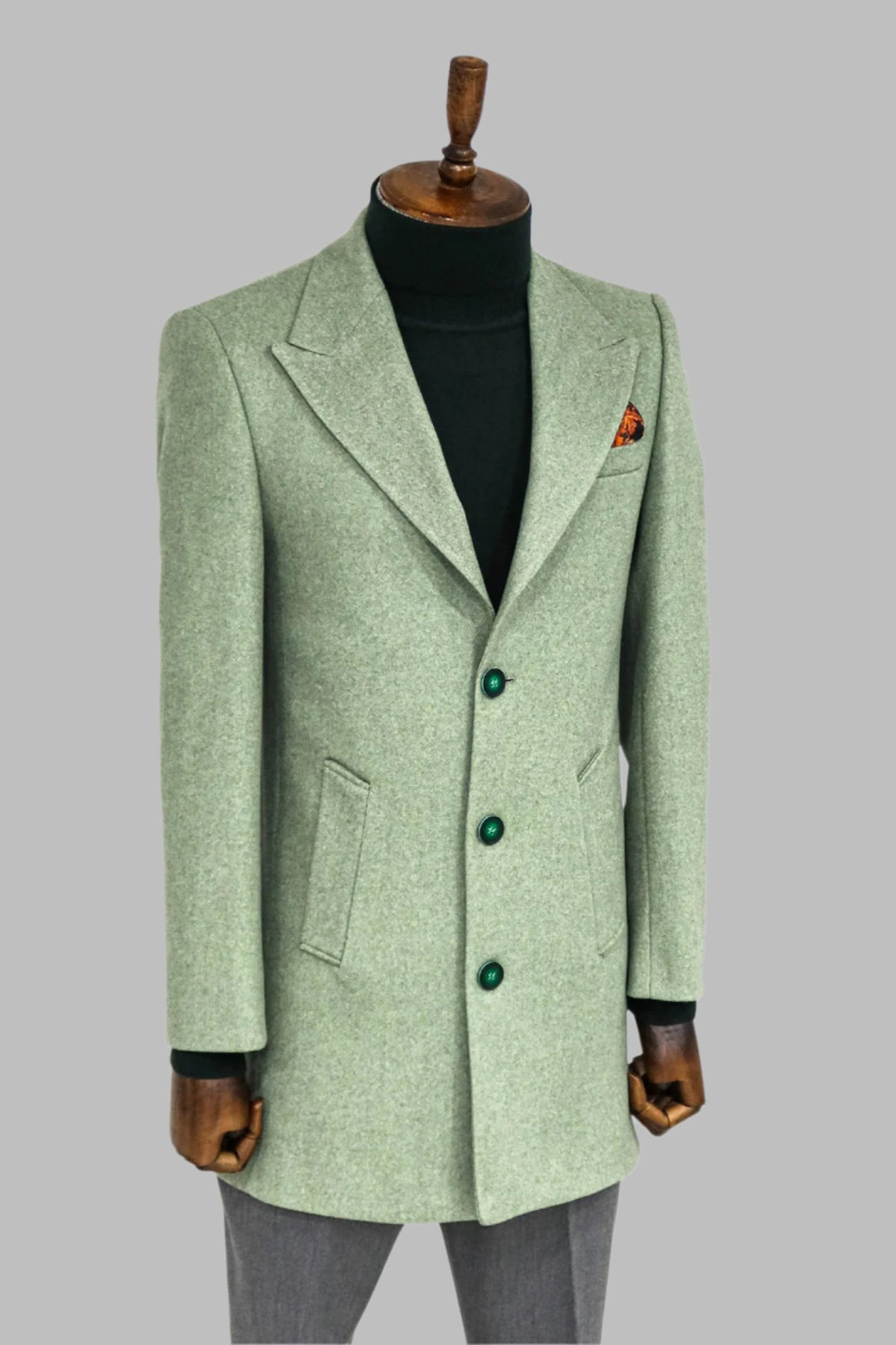 Wide Lapel Wool Oil Green Men Coat - Wessi