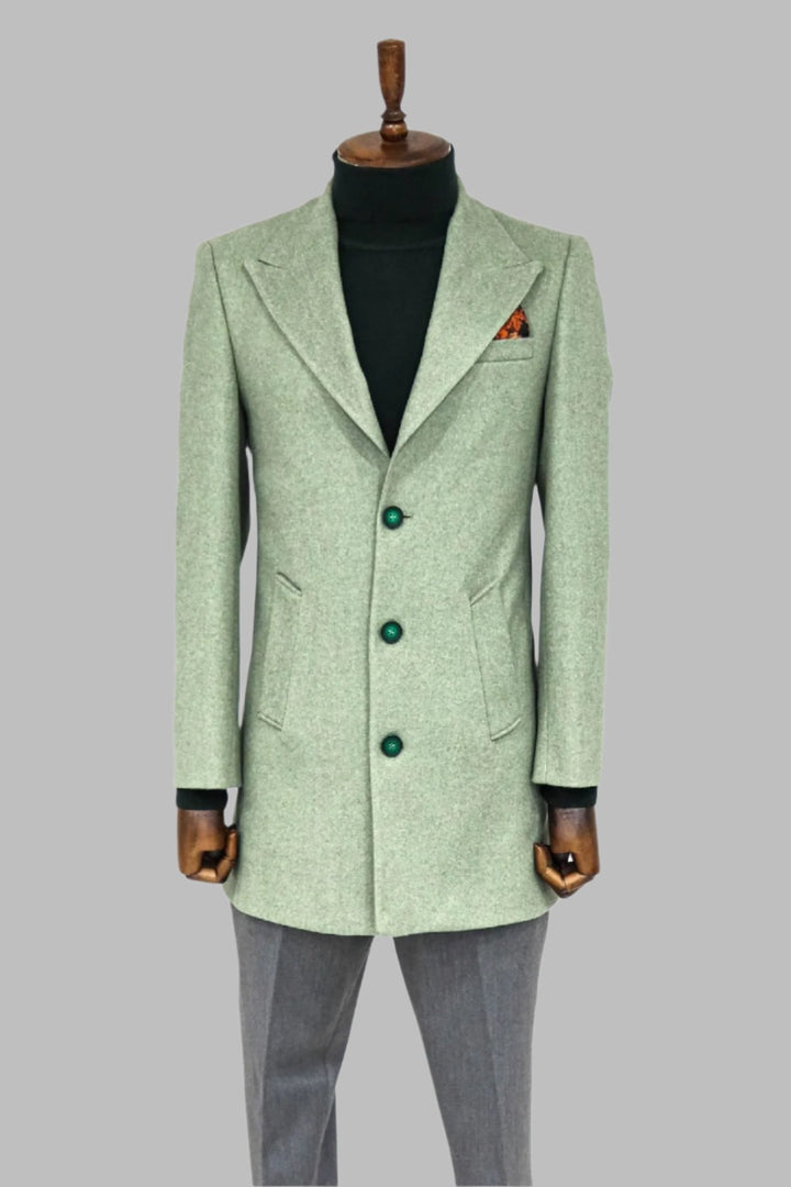 Wide Lapel Wool Oil Green Men Coat - Wessi