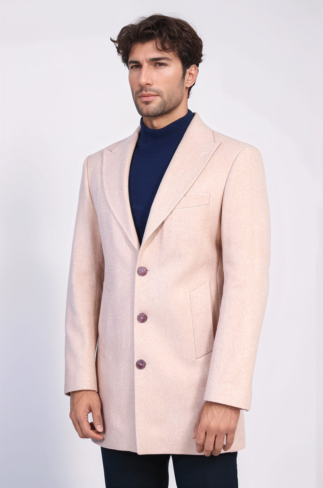 Wide Lapel Wool Light Pink Men Coat - Wessi