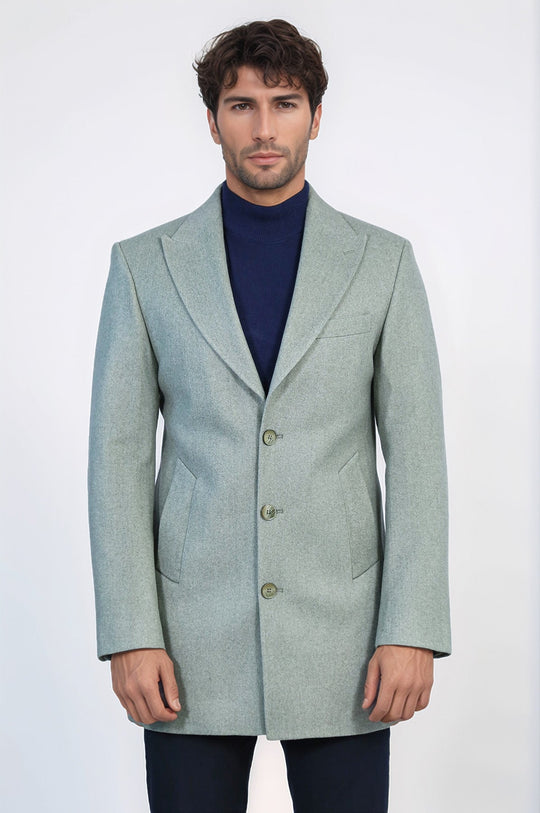 Wide Lapel Wool Oil Green Men Coat - Wessi