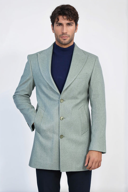 Wide Lapel Wool Oil Green Men Coat - Wessi